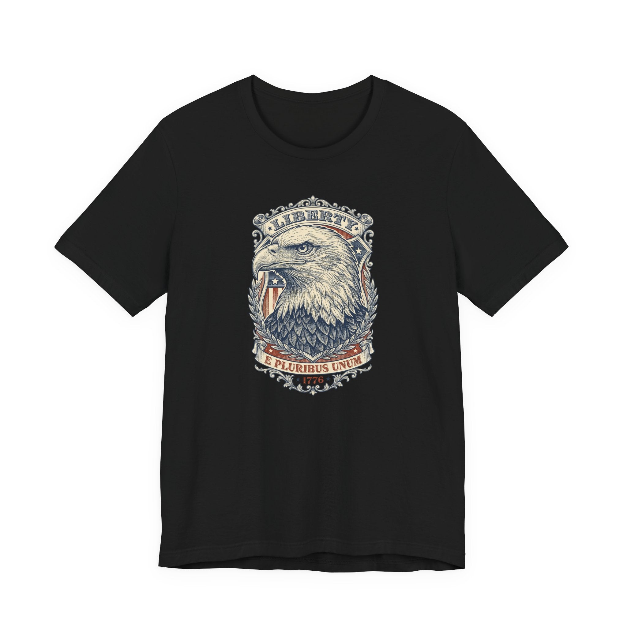 Eagle graphic tee in black with Liberty badge and bald eagle head print