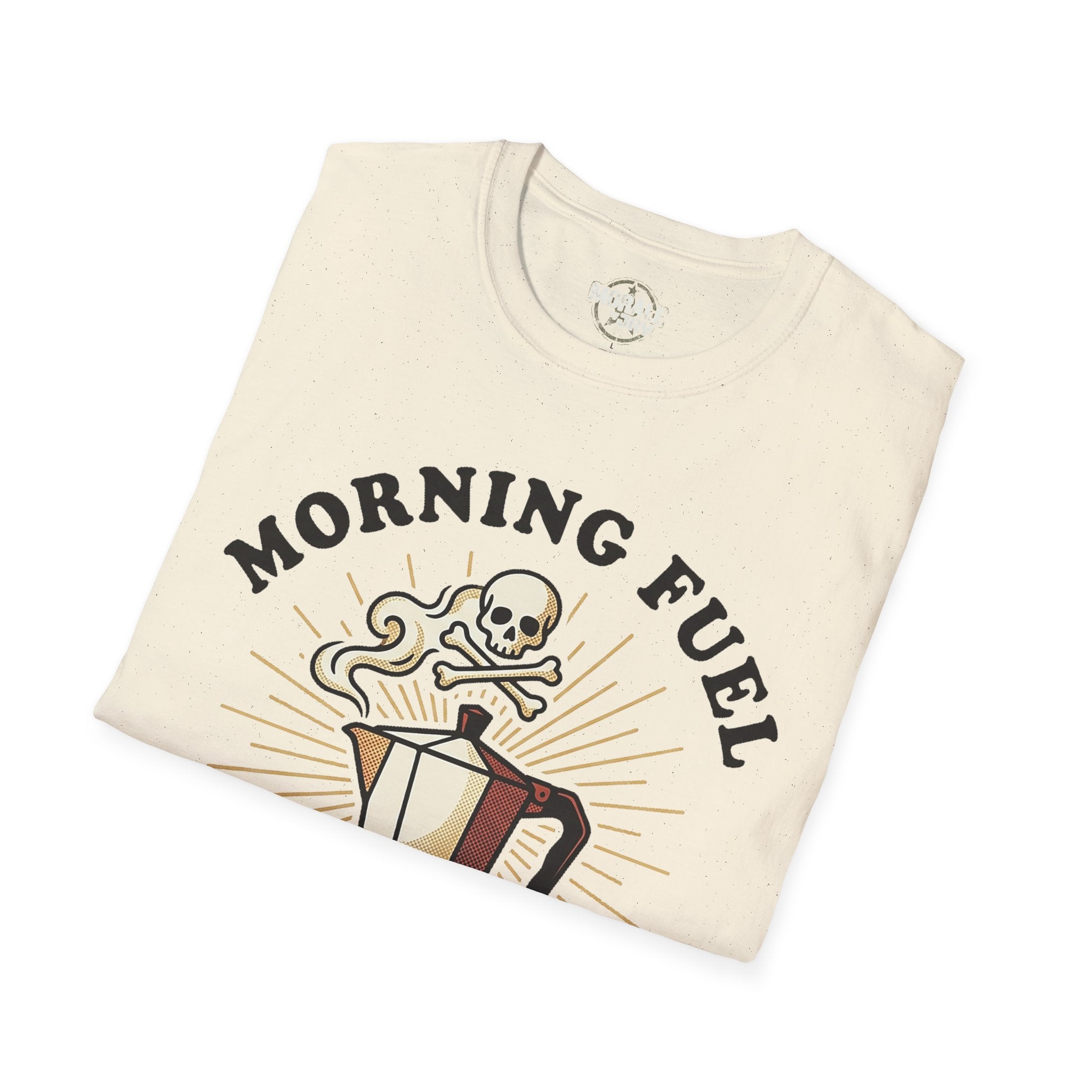 Natural T-shirt with MORNING FUEL skull coffee cup graphic