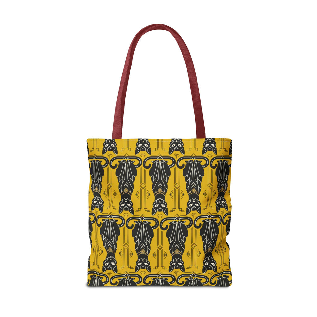 Yellow tote bag with repeating black cat pattern and navy swirls, red-brown handles.