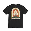 Black t-shirt with large back graphic of a sailing ship inside a badge