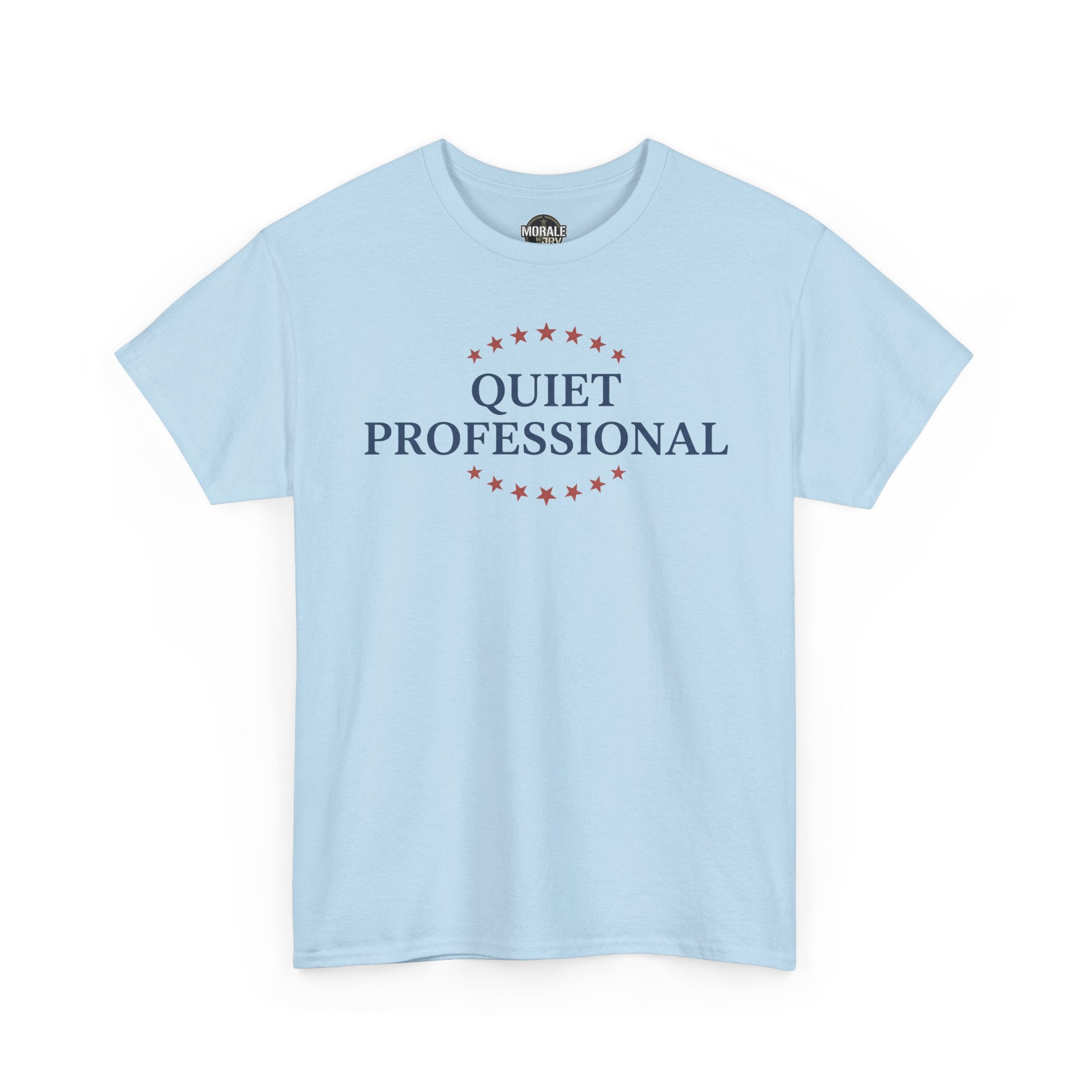 Light blue crewneck T-shirt with star ring 'QUIET PROFESSIONAL' graphic