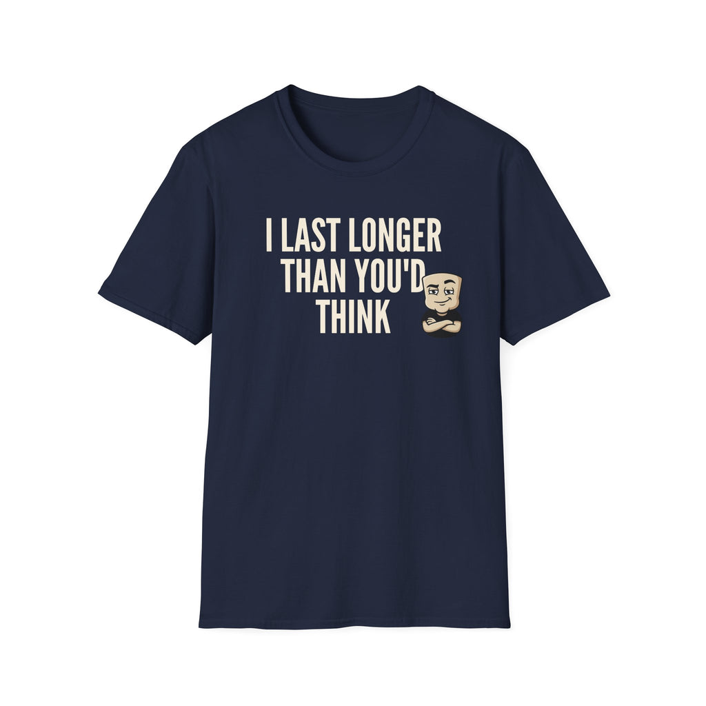 Navy T-shirt with front quote "I LAST LONGER THAN YOU'D THINK" and cartoon face