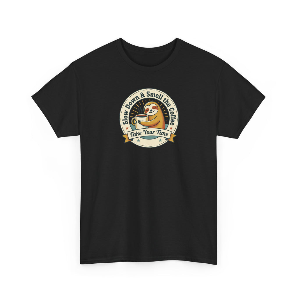 Black short-sleeve T-shirt with sloth coffee circular graphic on front
