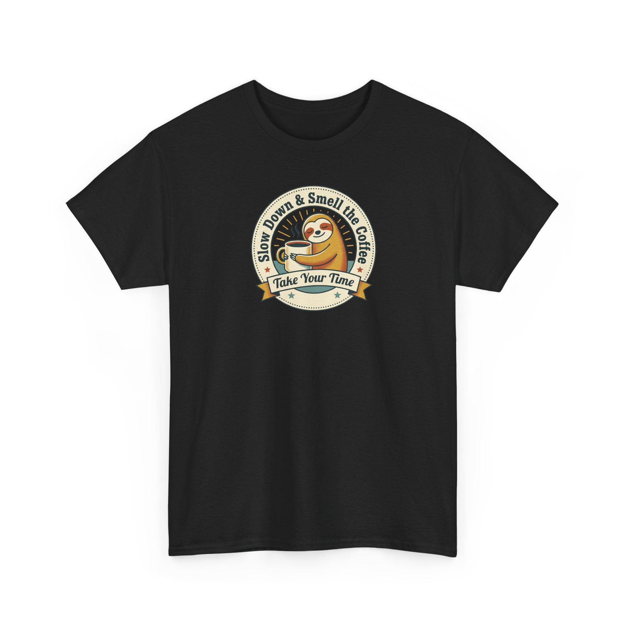 Black short-sleeve T-shirt with sloth coffee circular graphic on front
