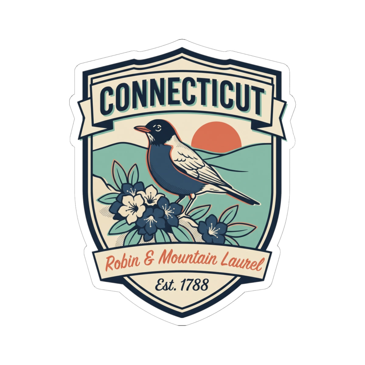 Connecticut shield decal sticker with robin, mountain laurel blooms, and banner text.