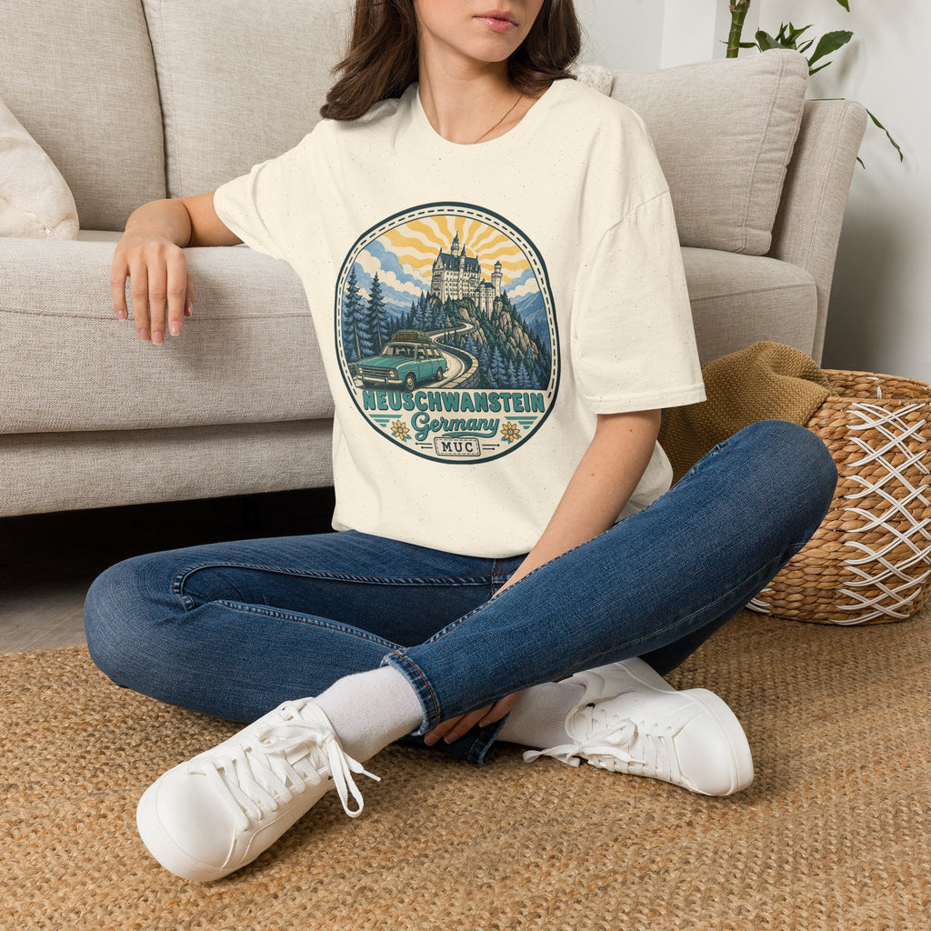 Light cream graphic T-shirt with circular Neuschwanstein castle illustration on chest