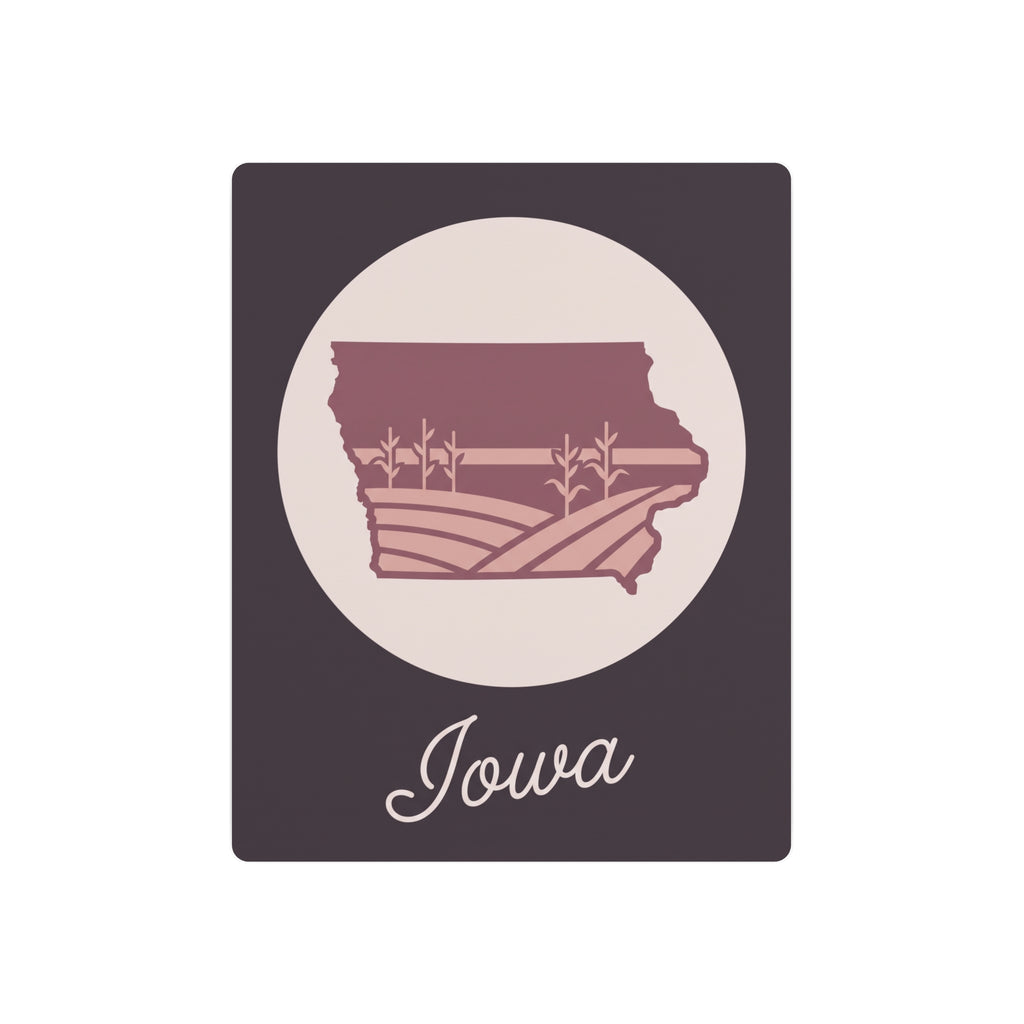 Iowa wall art metal sign with maroon state silhouette and "Iowa" script