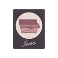 Iowa wall art metal sign with maroon state silhouette and "Iowa" script