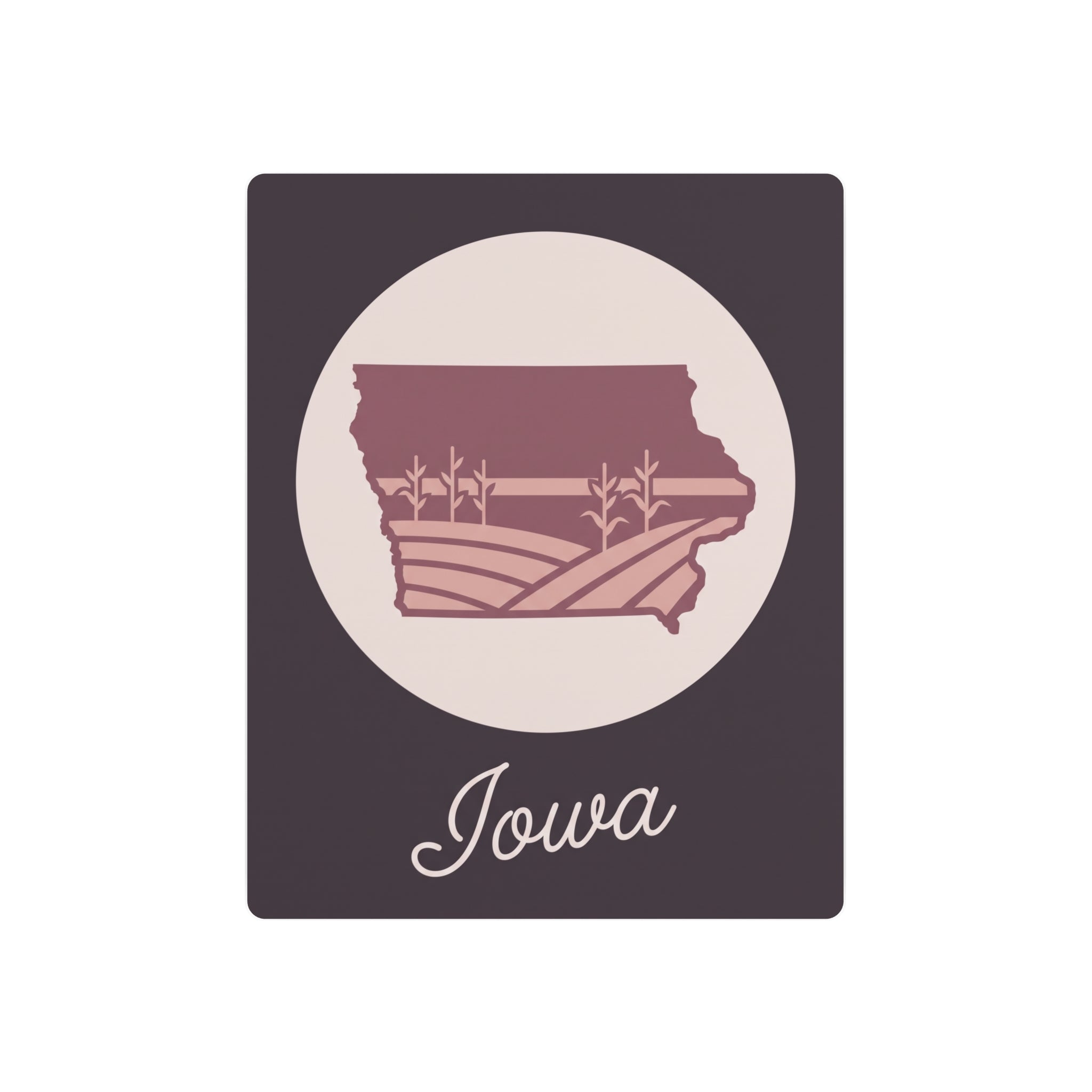 Iowa wall art metal sign with maroon state silhouette and "Iowa" script