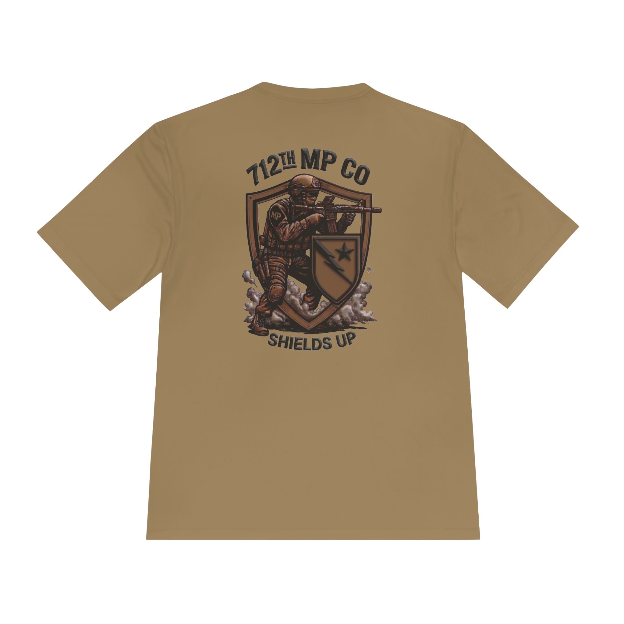 Coyote brown tactical T-shirt with back graphic 'Shields Up' logo