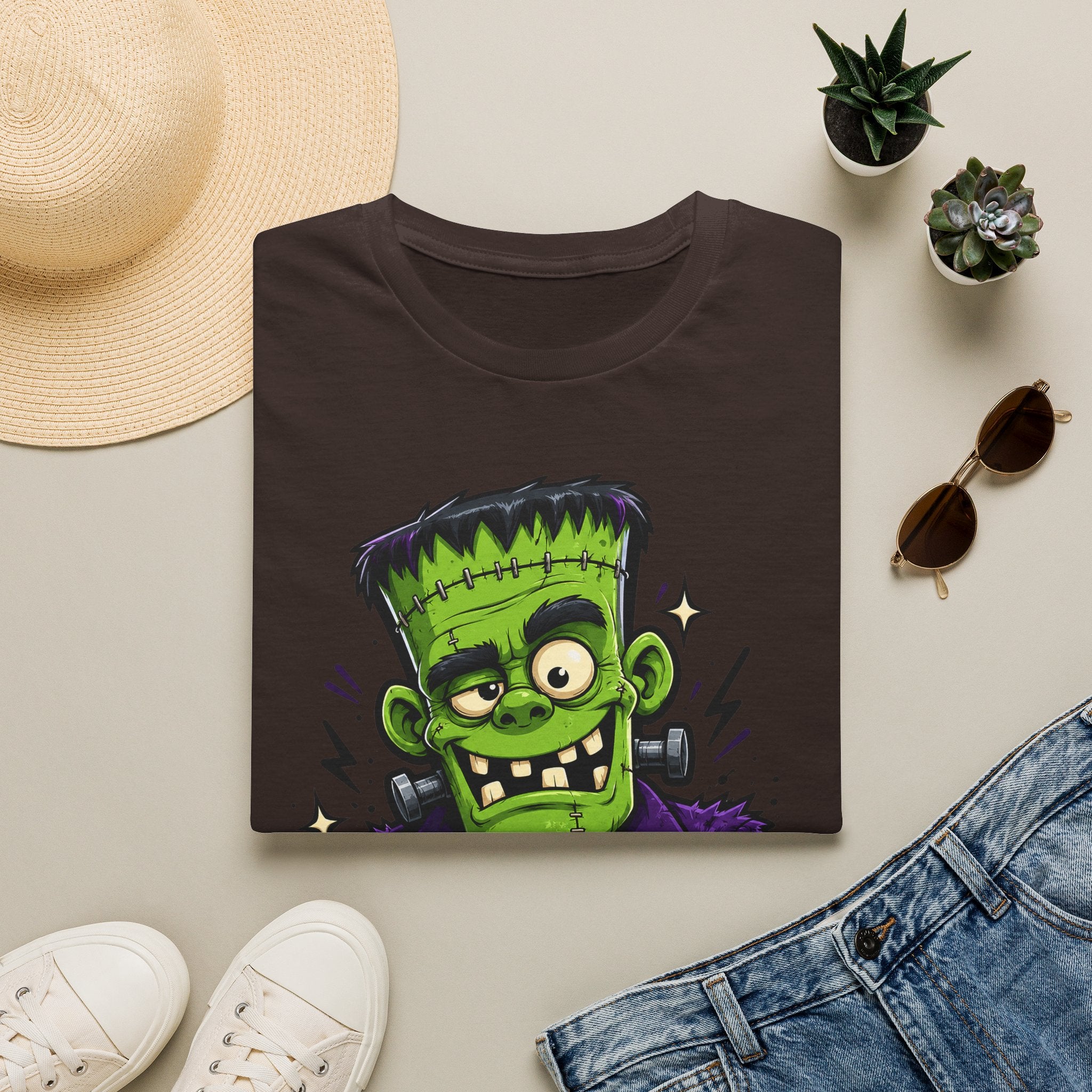 Dark brown crew-neck T-shirt with green Frankenstein-style monster face graphic