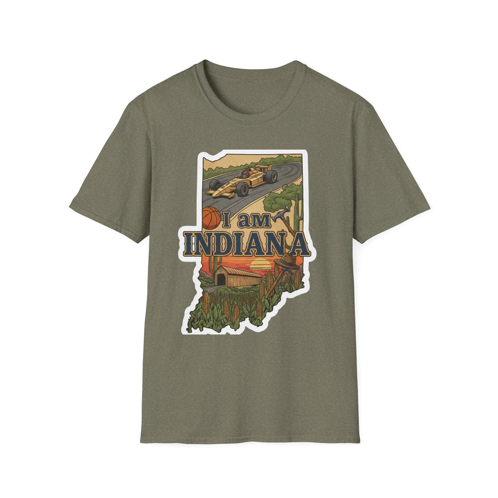 Heather military green I Am Indiana T-shirt with Indiana outline graphic and racing car