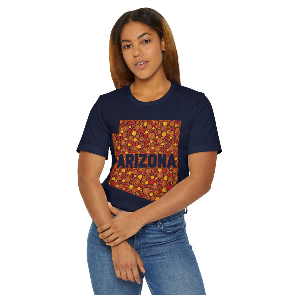 Navy t-shirt with orange Arizona graphic, worn by model