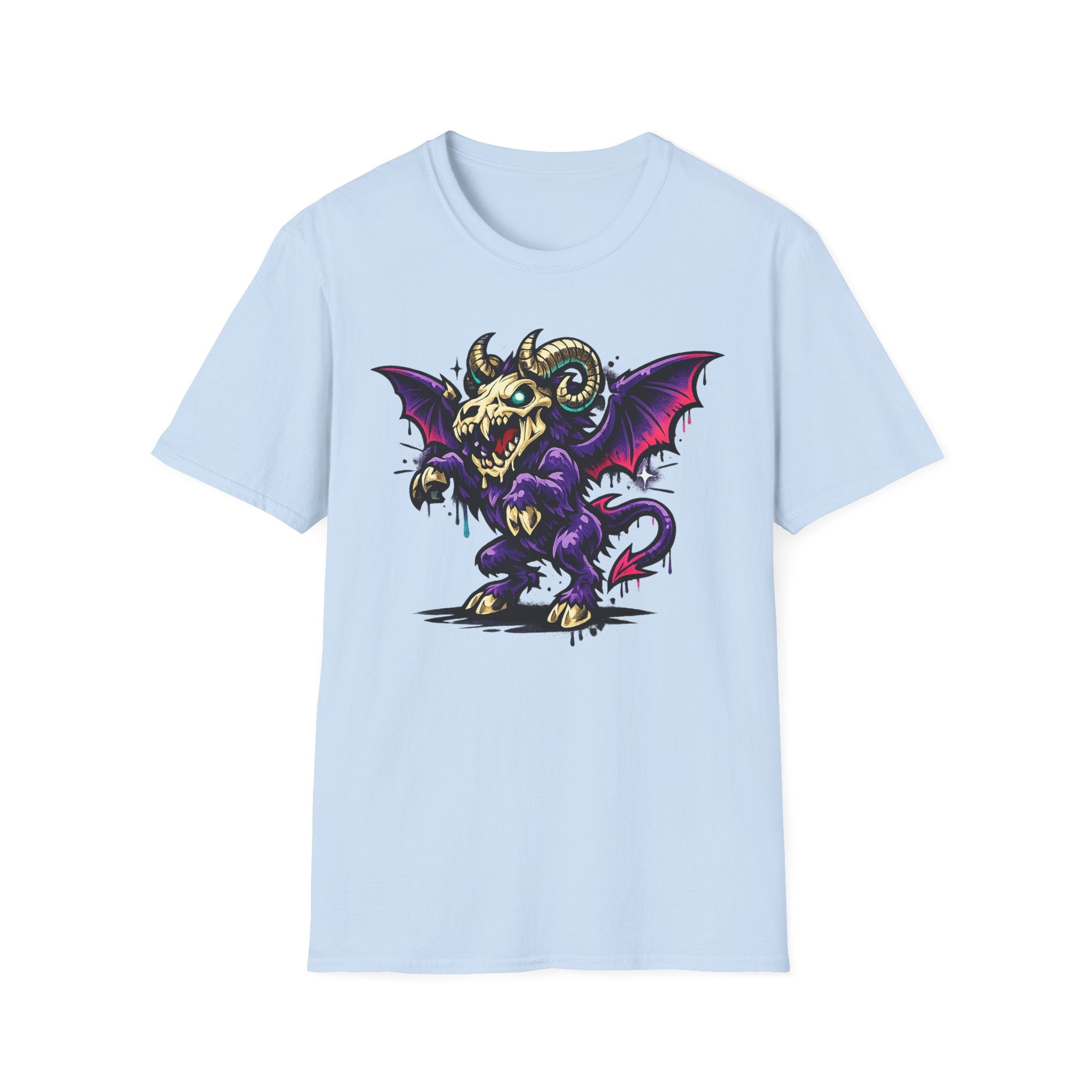 Light blue graphic monster T-shirt with purple bat-winged skull ram front print