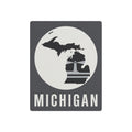 Dark gray square metal wall sign with Michigan circle map, lighthouse graphic, and MICHIGAN text