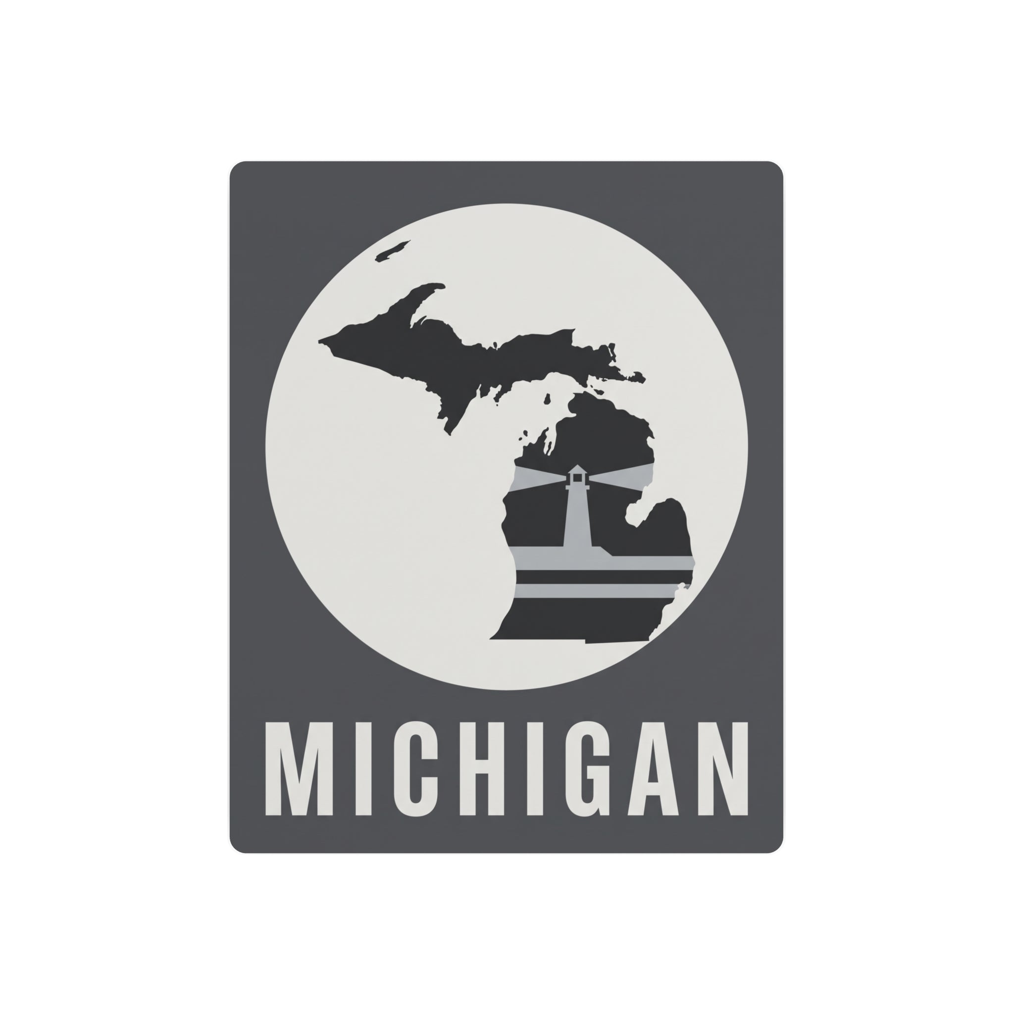 Dark gray square metal wall sign with Michigan circle map, lighthouse graphic, and MICHIGAN text