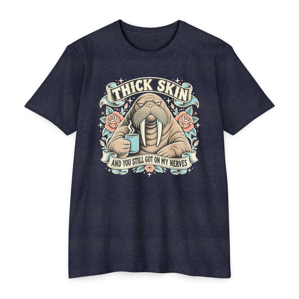 Walrus graphic t-shirt in dark navy with front chest logo and banner text