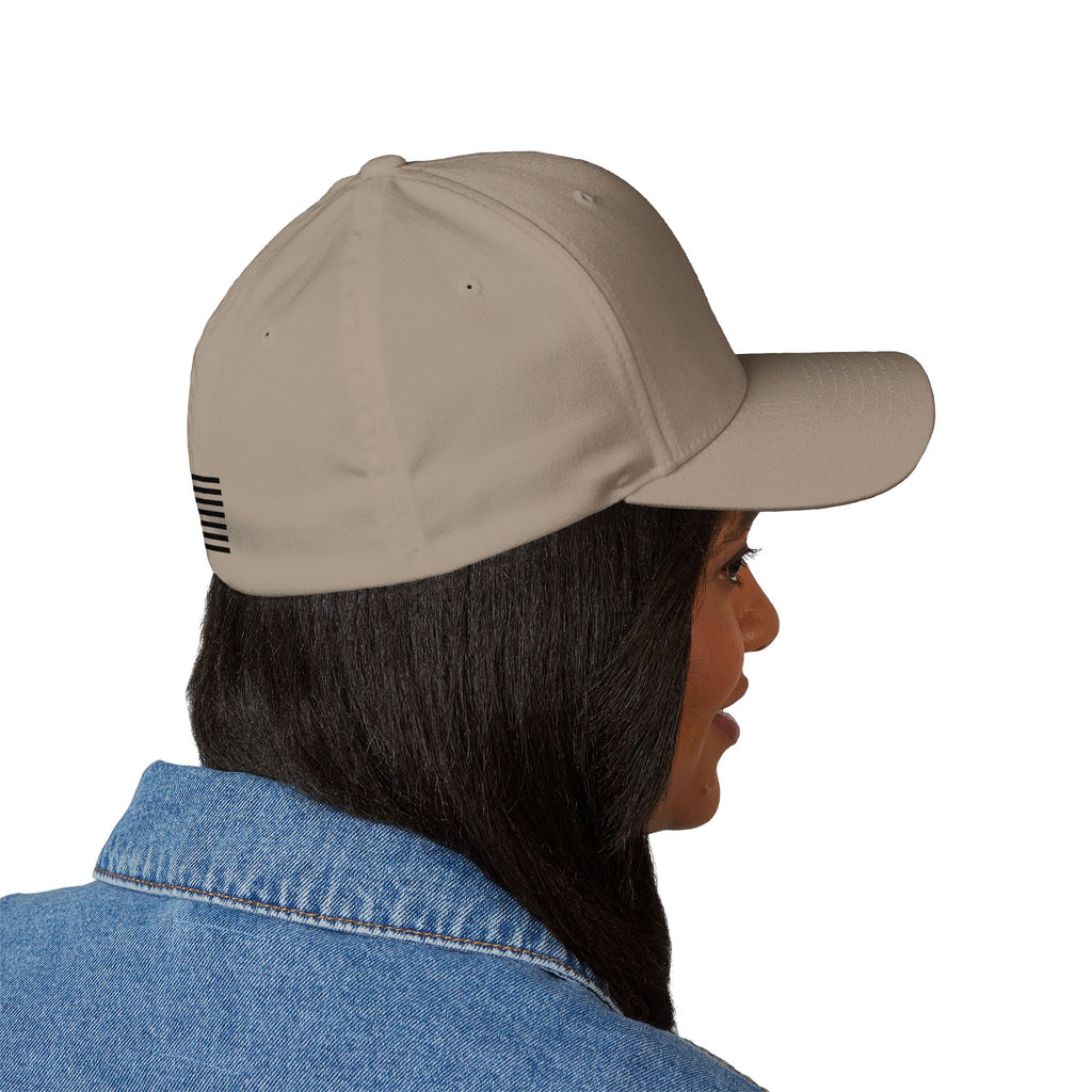Khaki embroidered baseball cap with side stripe detail and curved brim