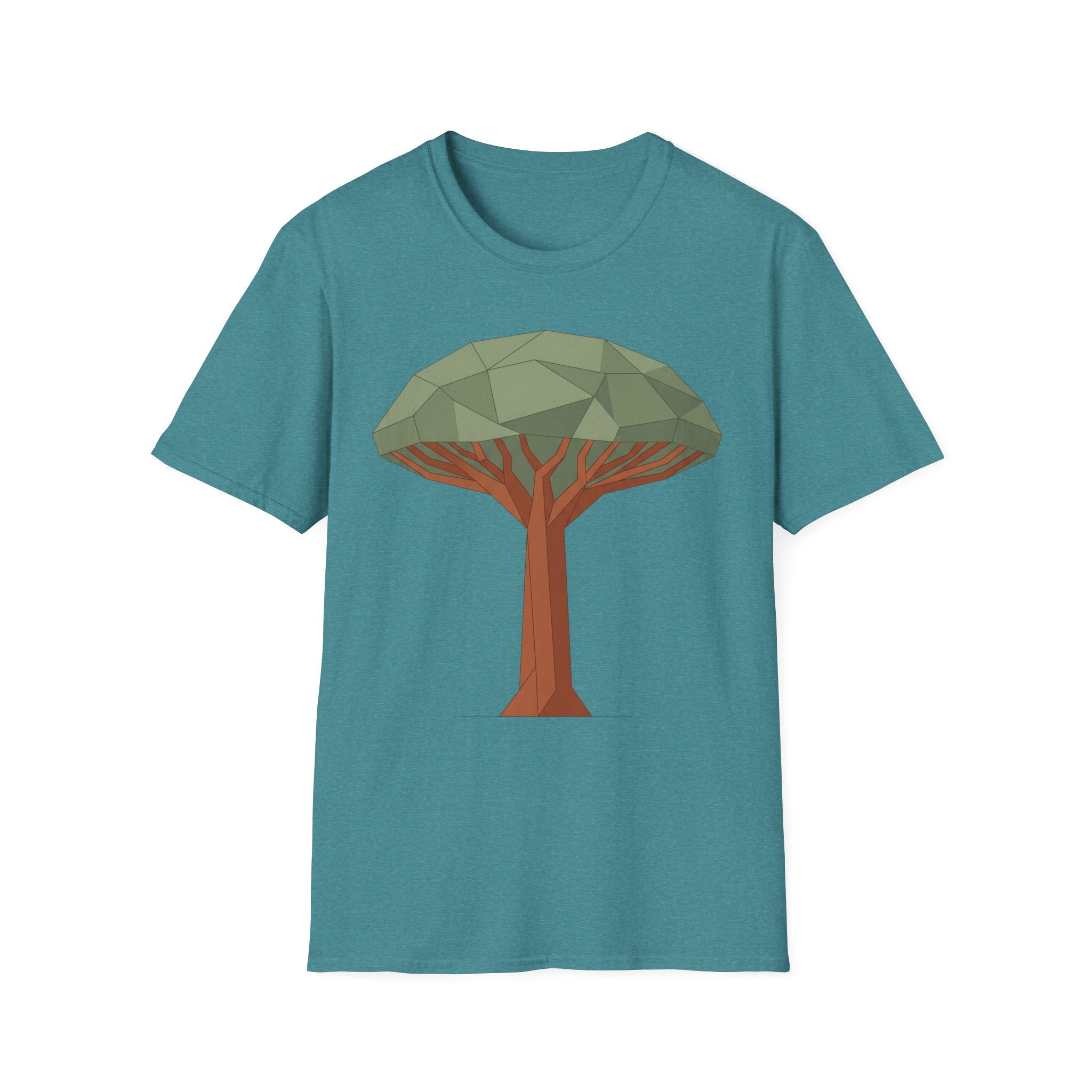 Türkisfarbene T‑Shirt mit geometrischem Drachenblutbaum-Grafikmotiv auf der Brust