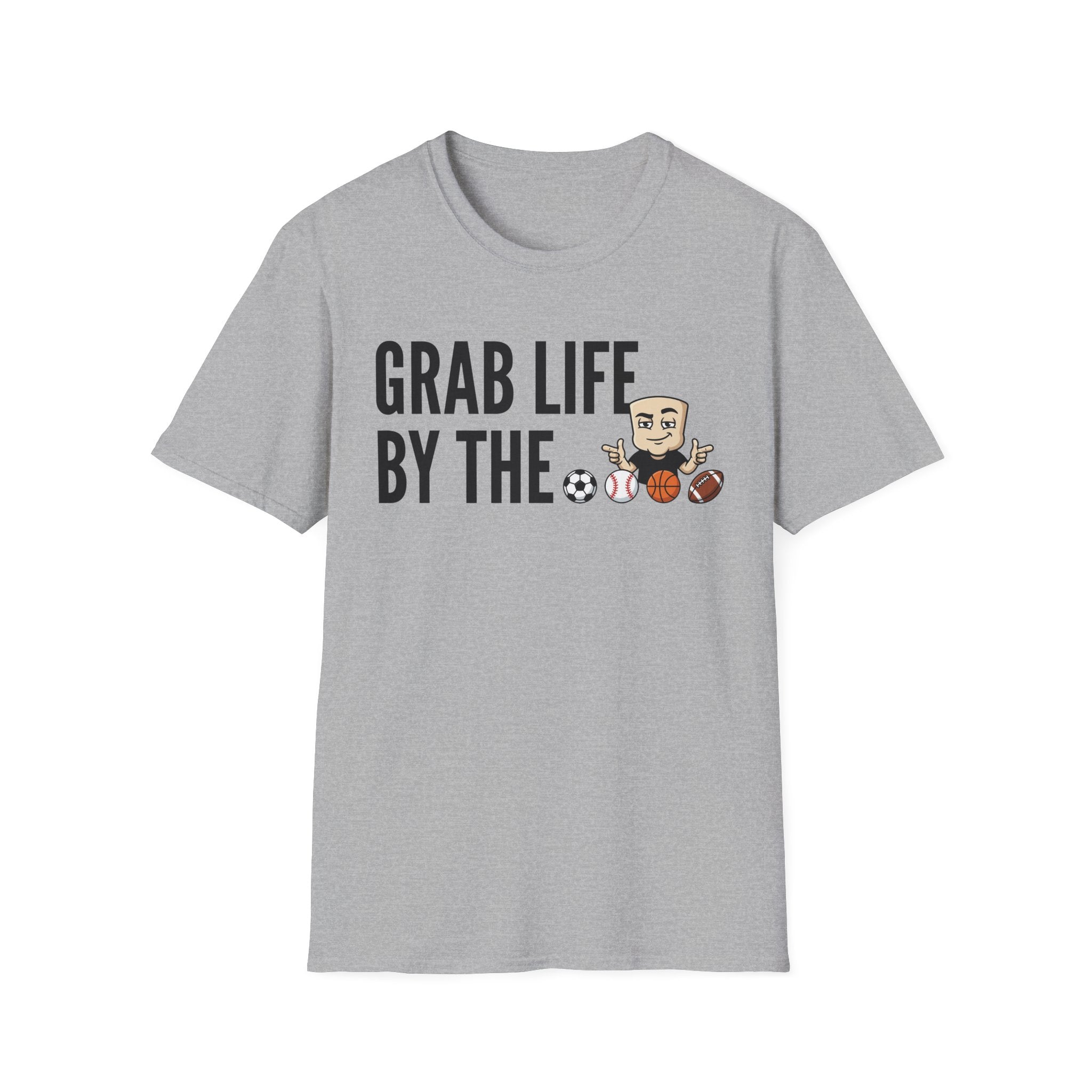 Sport grey crewneck T-shirt with “GRAB LIFE BY THE” text and sports ball graphic