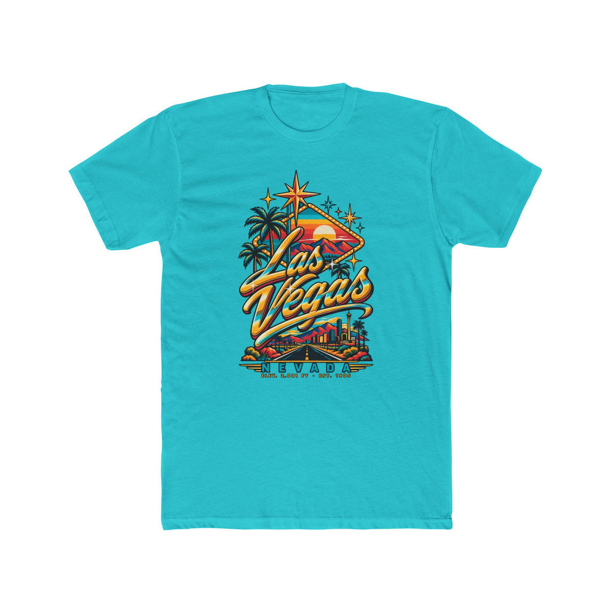 Teal t-shirt with neon Vegas Nevada sign and palm tree graphic