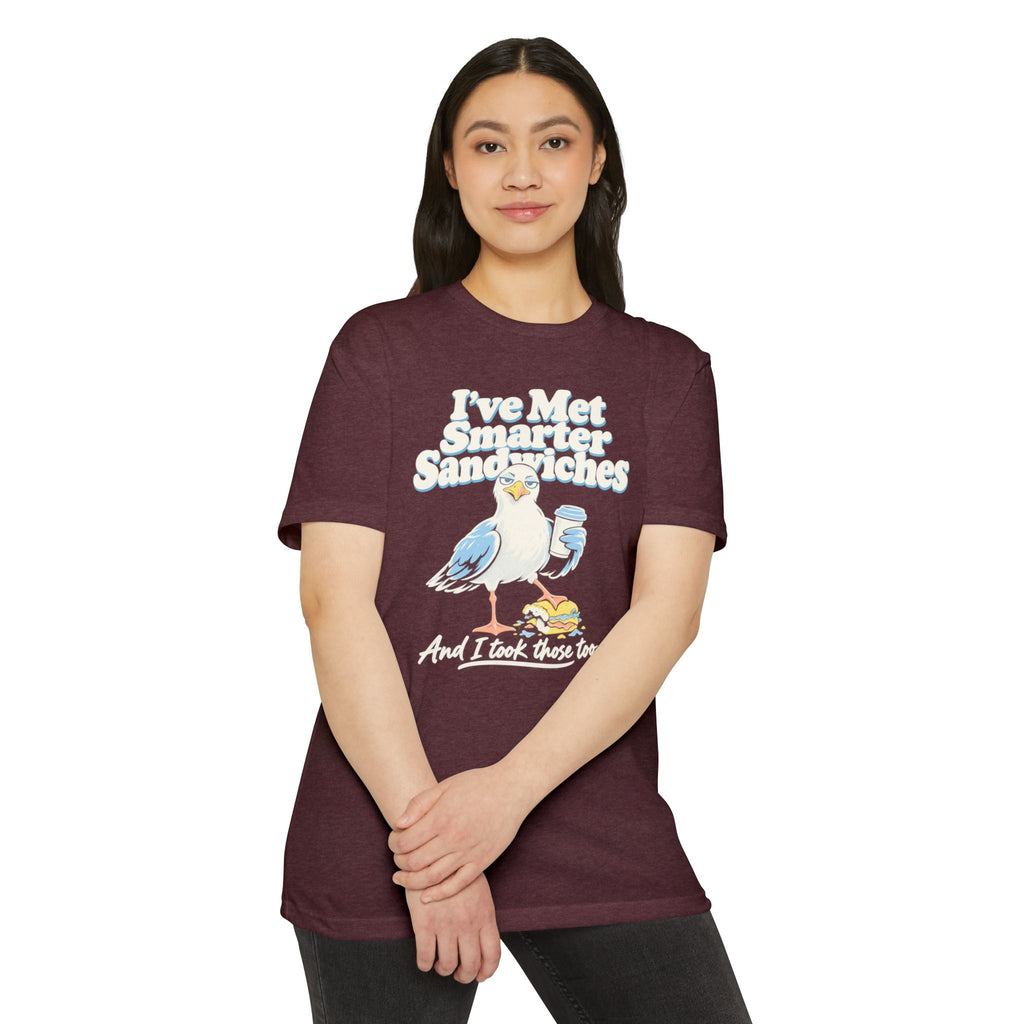 Maroon graphic T-shirt with seagull and 'I've met smarter sandwiches' text