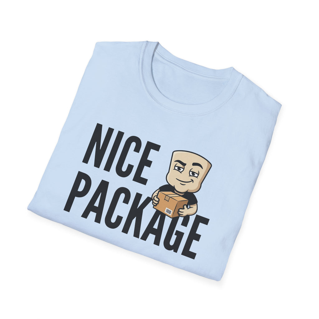Light blue T-shirt with 'NICE PACKAGE' graphic of a delivery worker holding a box