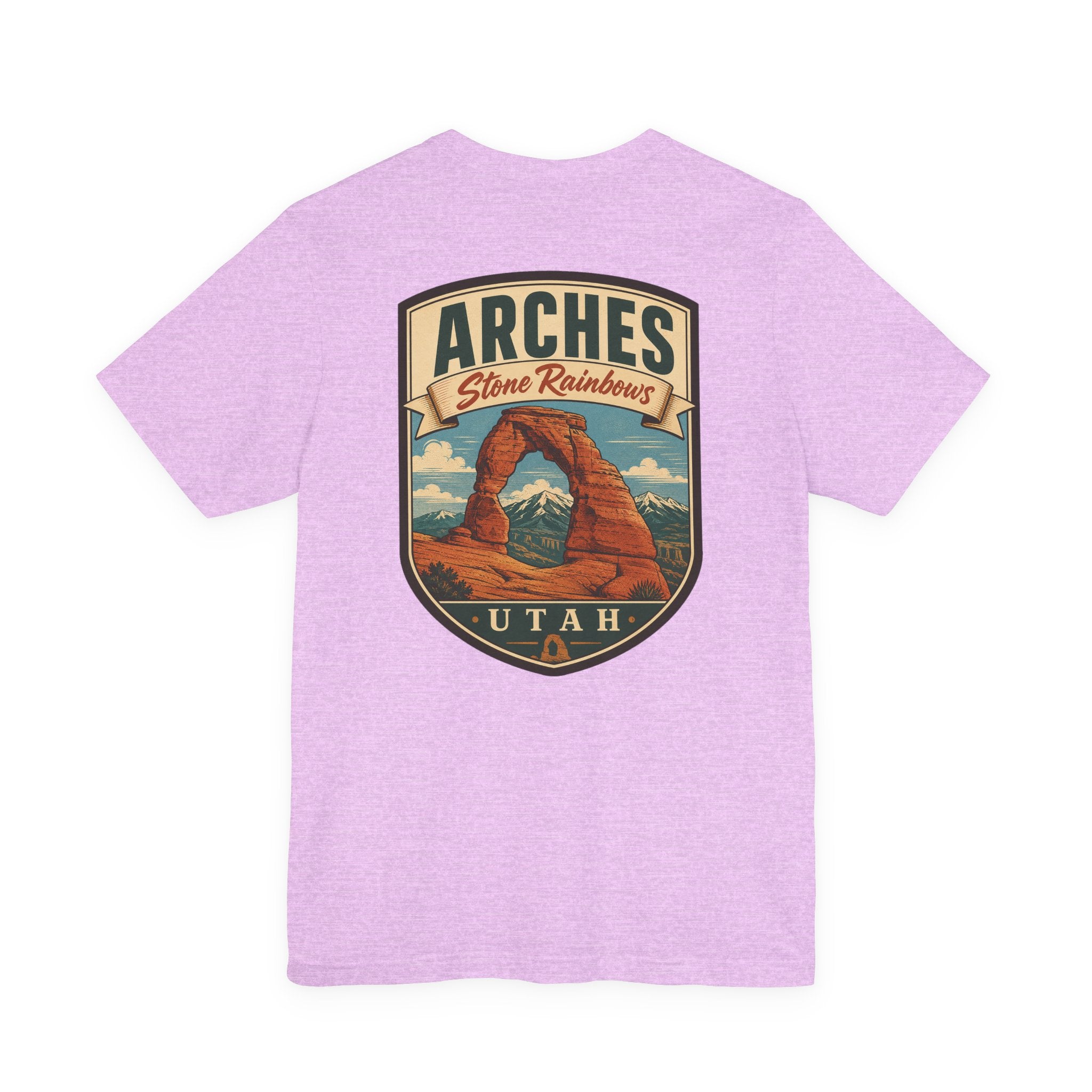 Lavender crew-neck T-shirt with Arches Stone Rainbows graphic shield on back