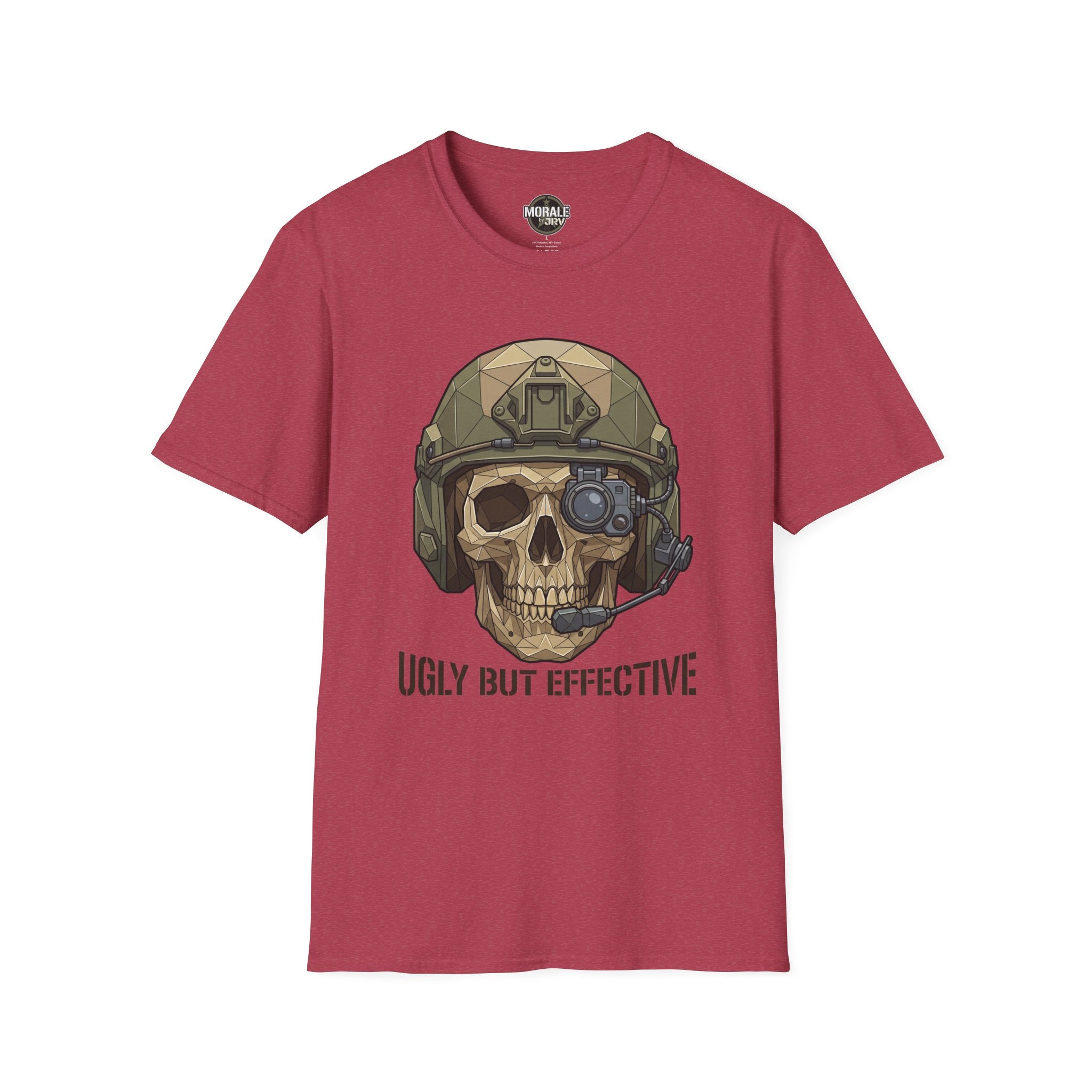 Dunkelrotes T-Shirt mit taktischem Totenkopf-Helm-Print und „Ugly But Effective“