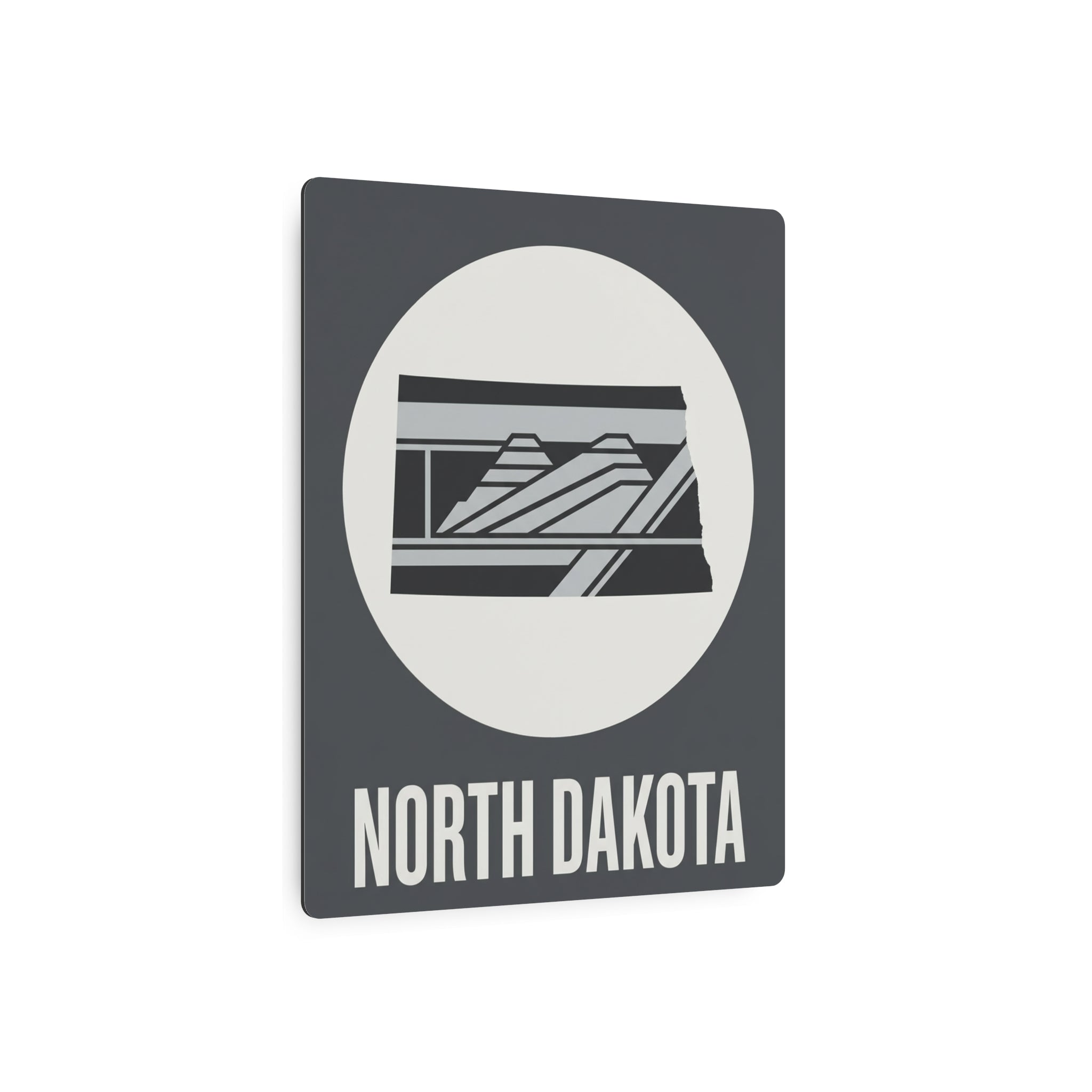 Dark gray rectangular North Dakota wall sign with white oval, landscape stripes, “NORTH DAKOTA”