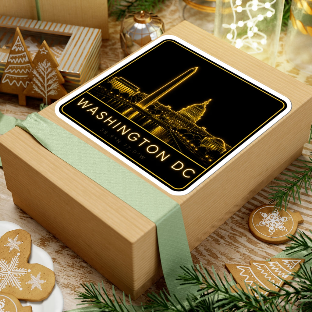 Neon gold Washington DC skyline kiss-cut sticker with Capitol dome, Washington Monument, thick border