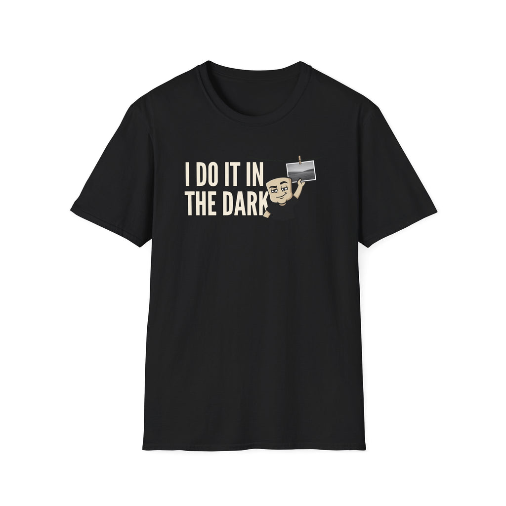 Black T-shirt with “I DO IT IN THE DARK” camera graphic on chest