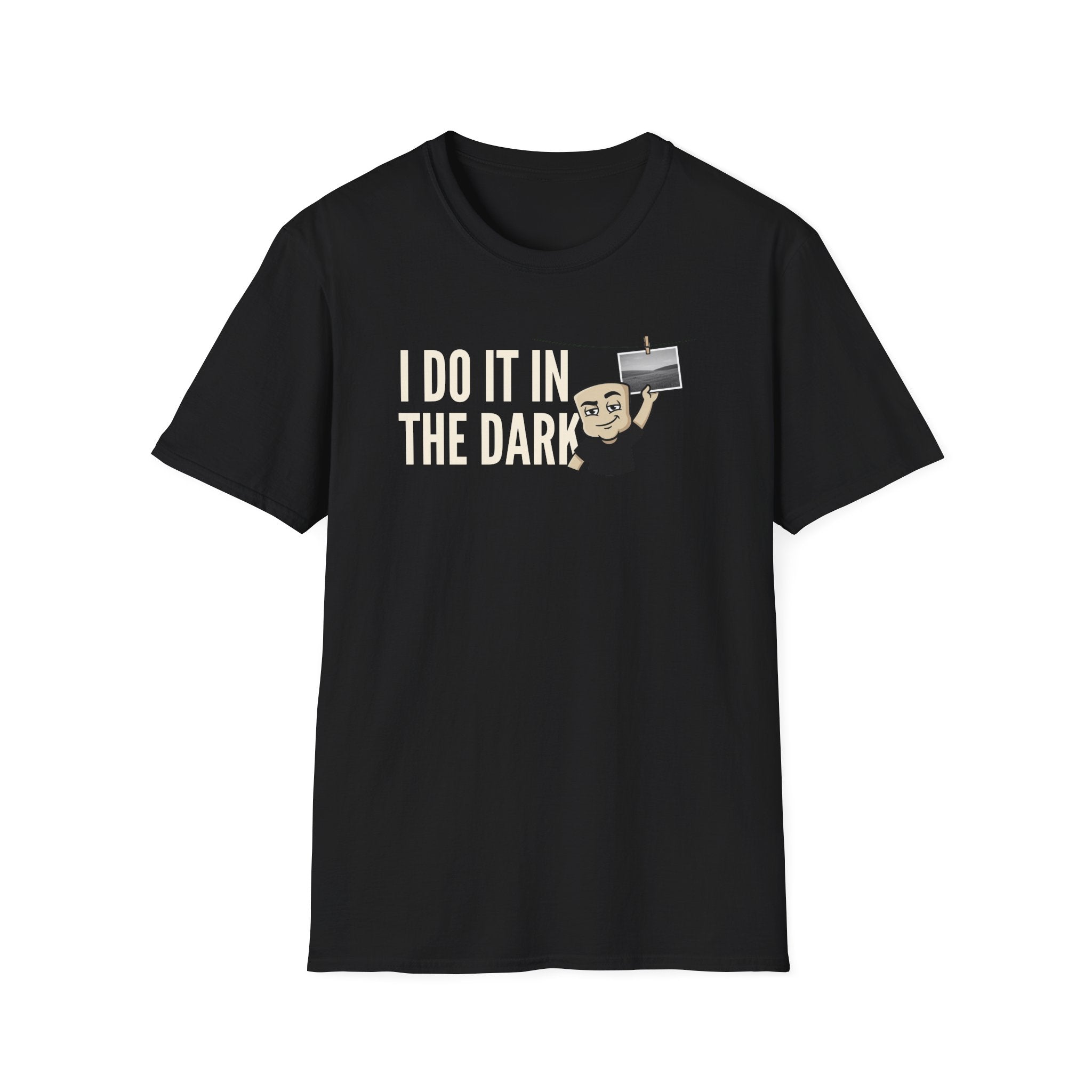 Black T-shirt with “I DO IT IN THE DARK” camera graphic on chest