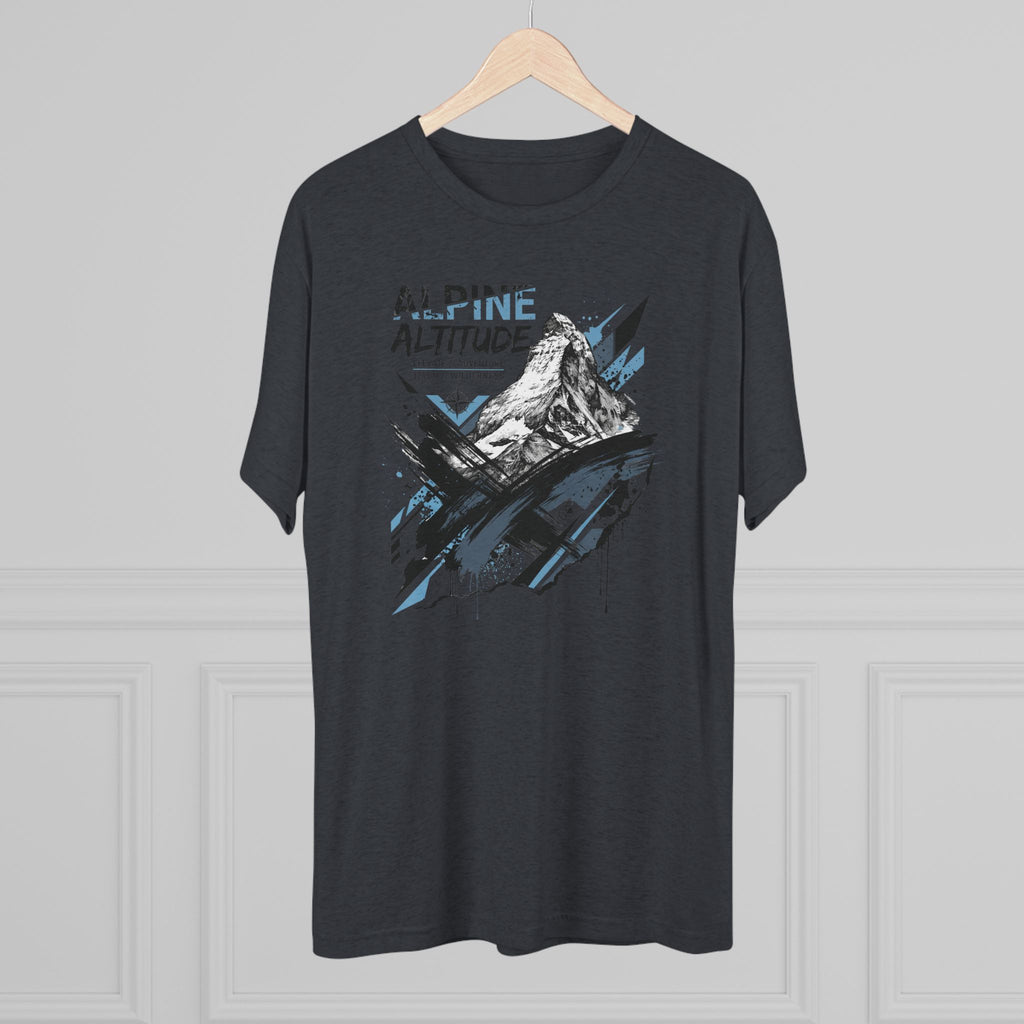 Graphic hiking T-shirt in dark heather gray, front view with mountain peak illustration