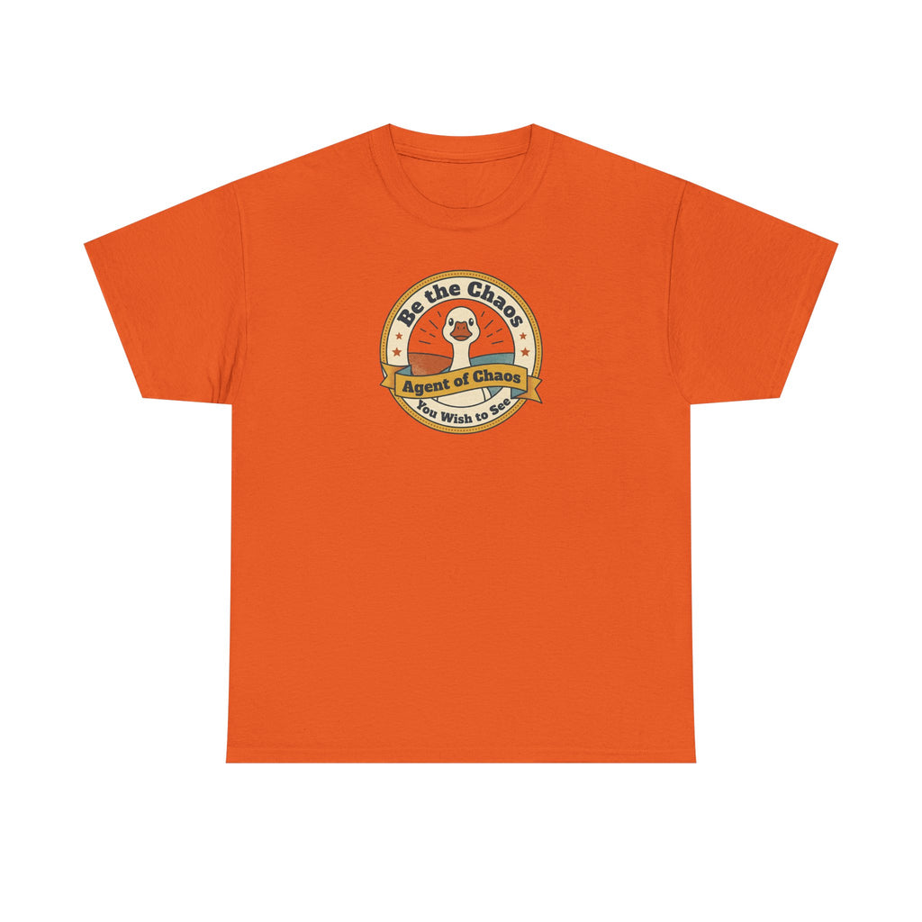 Rust orange crew-neck T-shirt with circular duck emblem graphic on the chest
