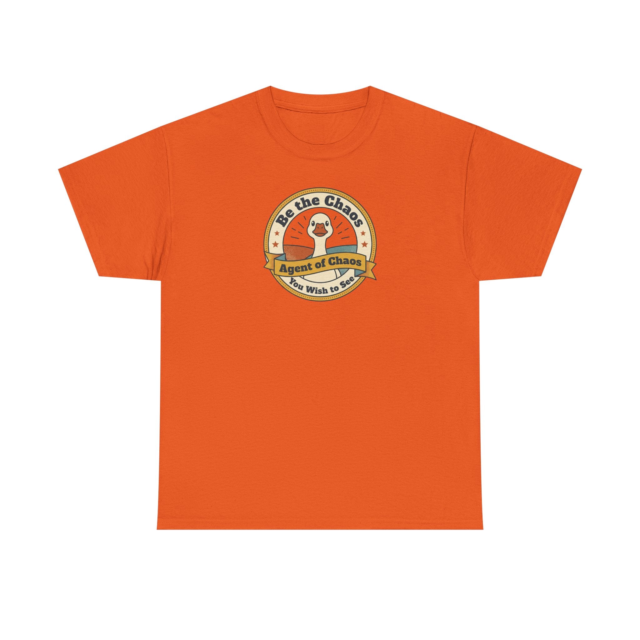 Rust orange crew-neck T-shirt with circular duck emblem graphic on the chest