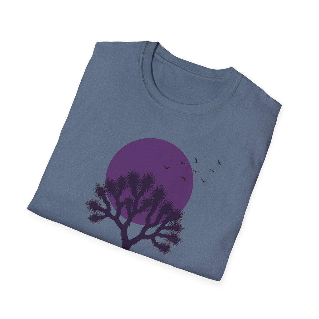 Blue-gray T-shirt with purple moon, Joshua tree silhouette, and flying birds graphic