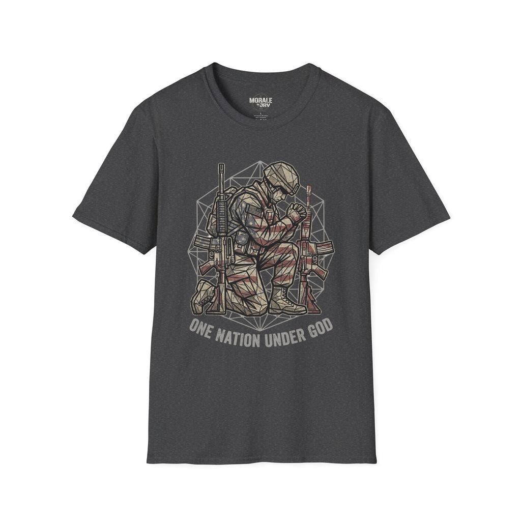 Dark heather T-shirt with praying soldier geometric illustration and caption text