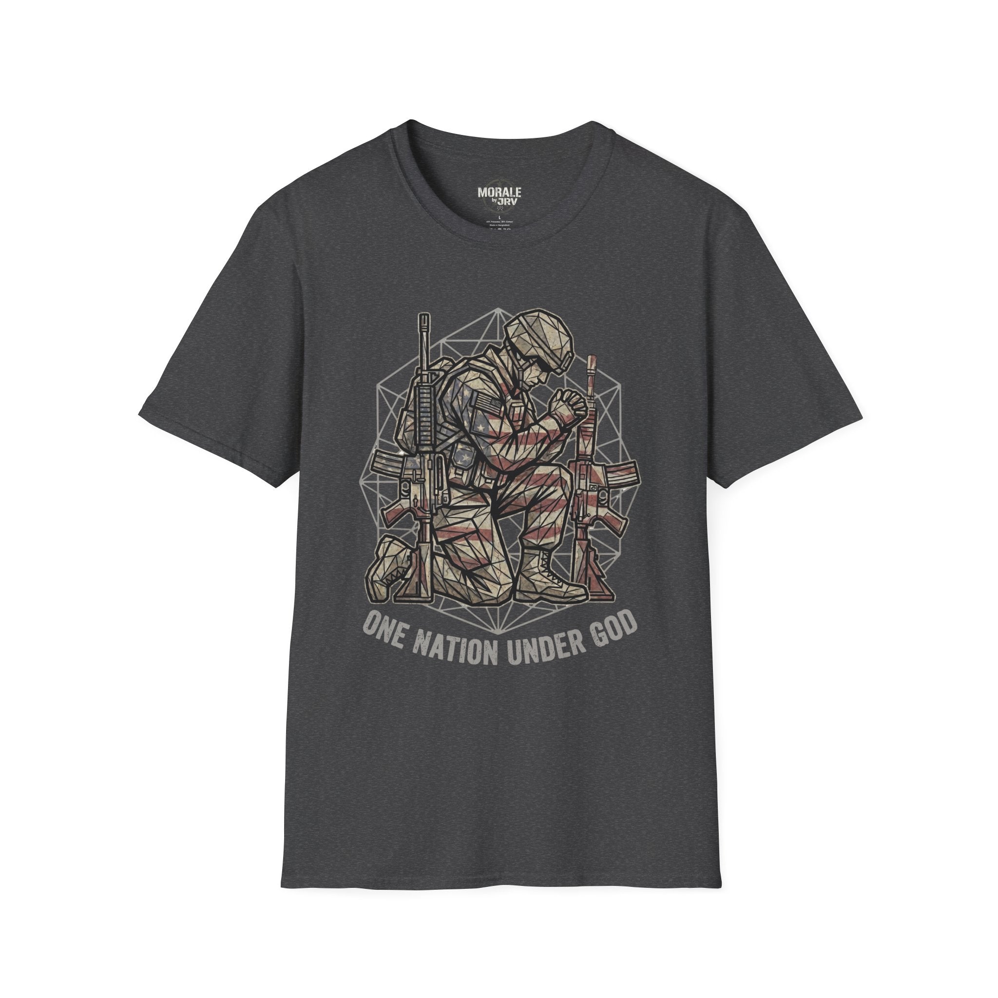 Dark heather T-shirt with praying soldier geometric illustration and caption text