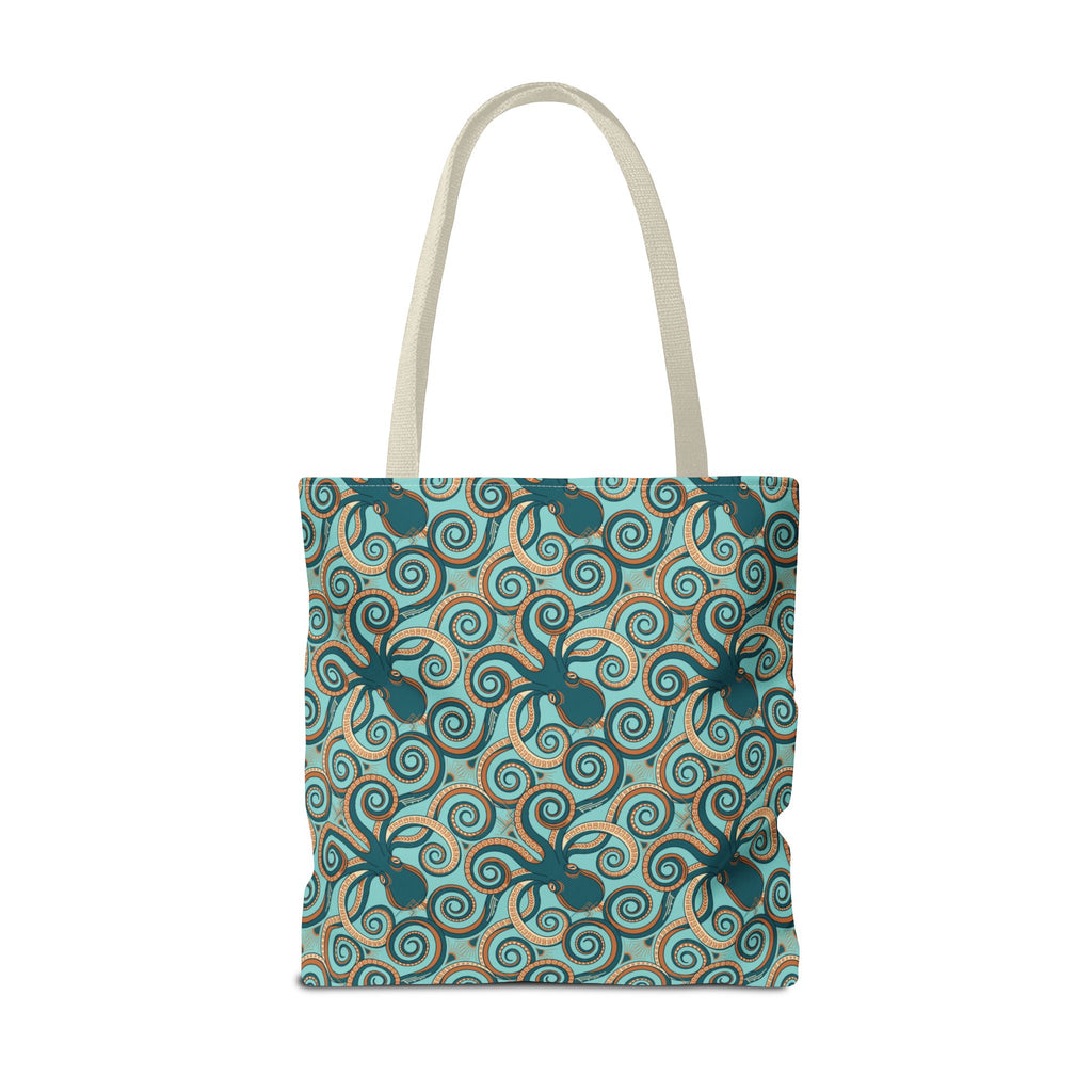 Teal octopus swirl tote bag with rope handles, full front print.