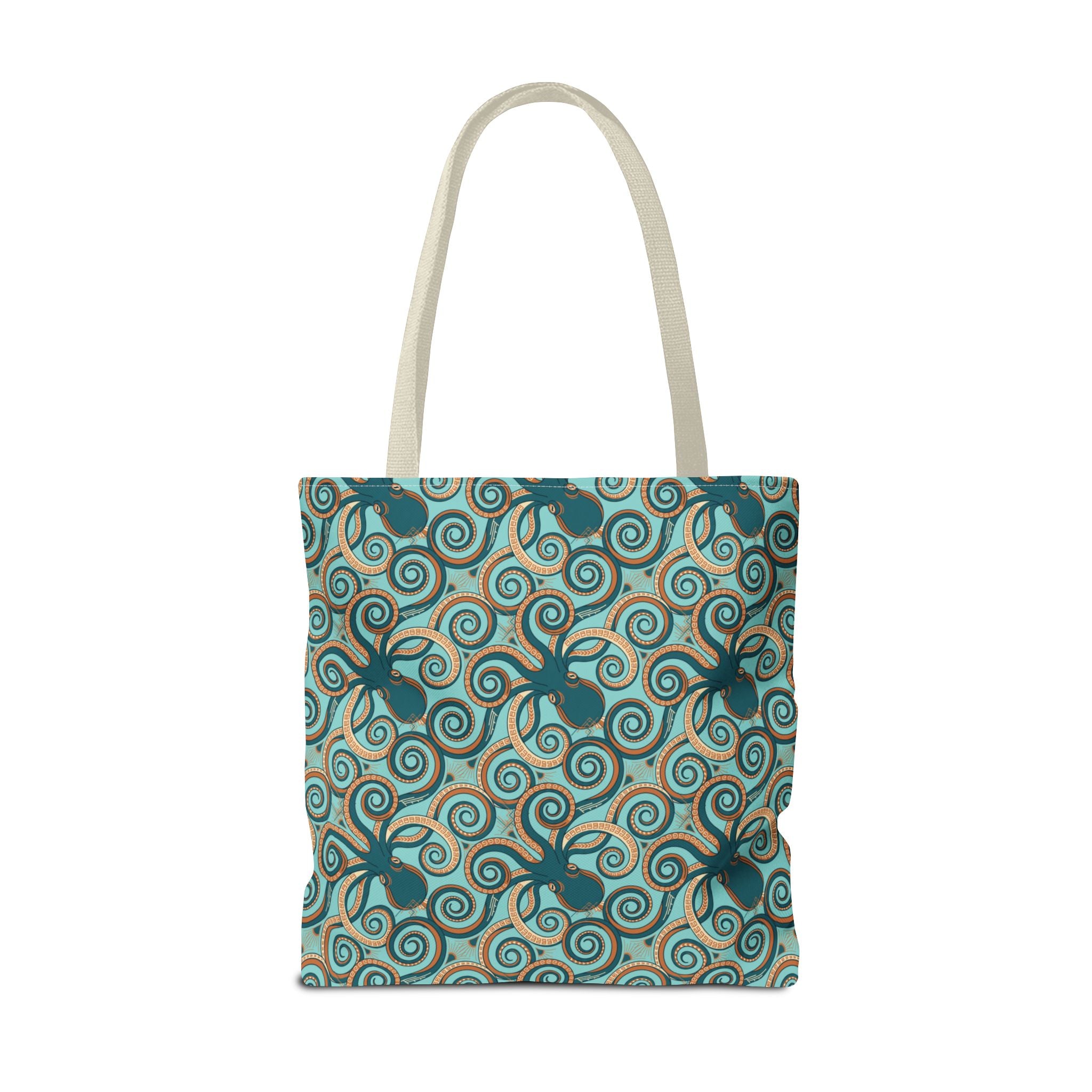 Teal octopus swirl tote bag with rope handles, full front print.