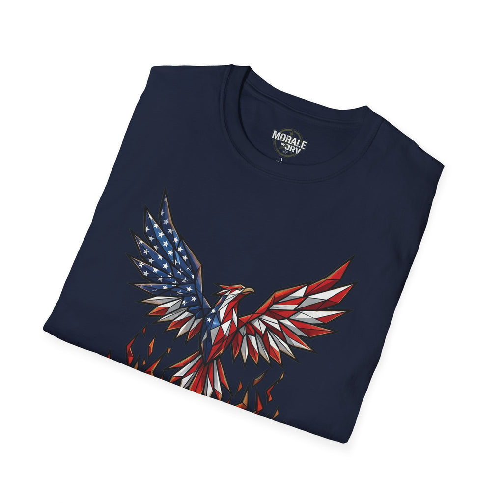 Navy T-shirt with geometric eagle graphic in red, white, and blue stars