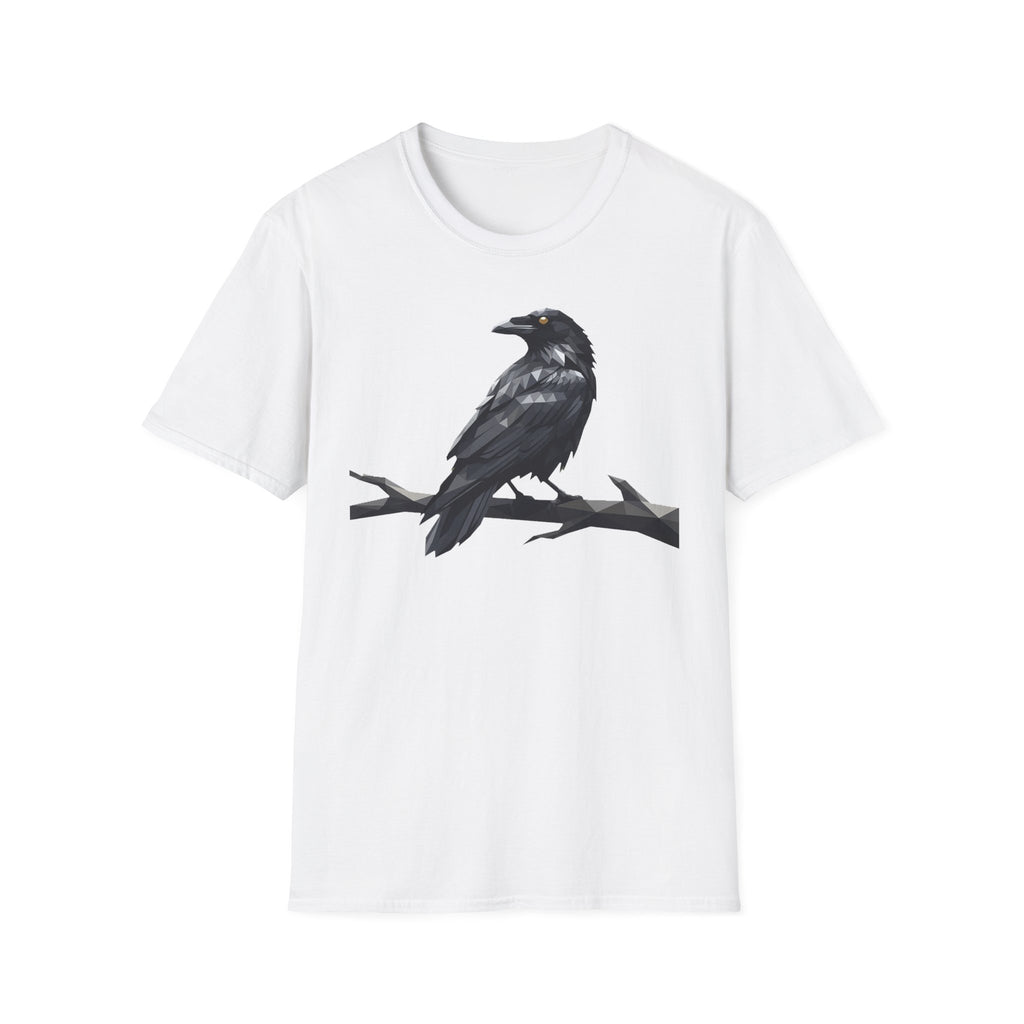 White raven bird graphic T-shirt with crow perched design on front