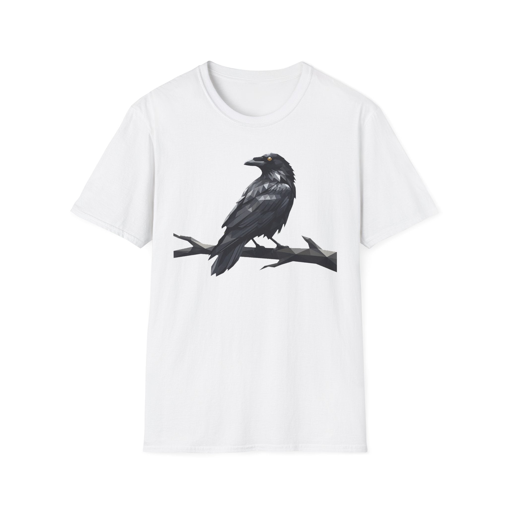 White raven bird graphic T-shirt with crow perched design on front