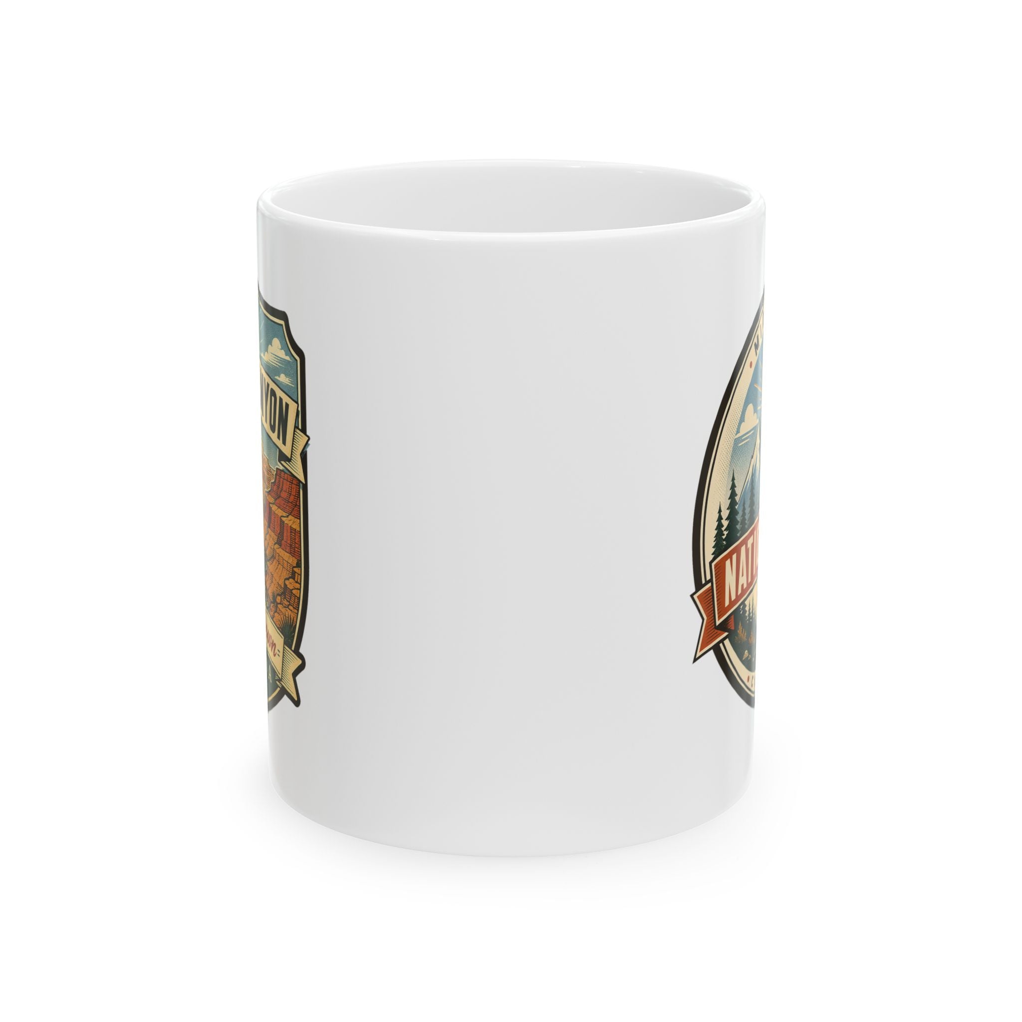 White ceramic mug, side view with Grand Canyon shield graphic