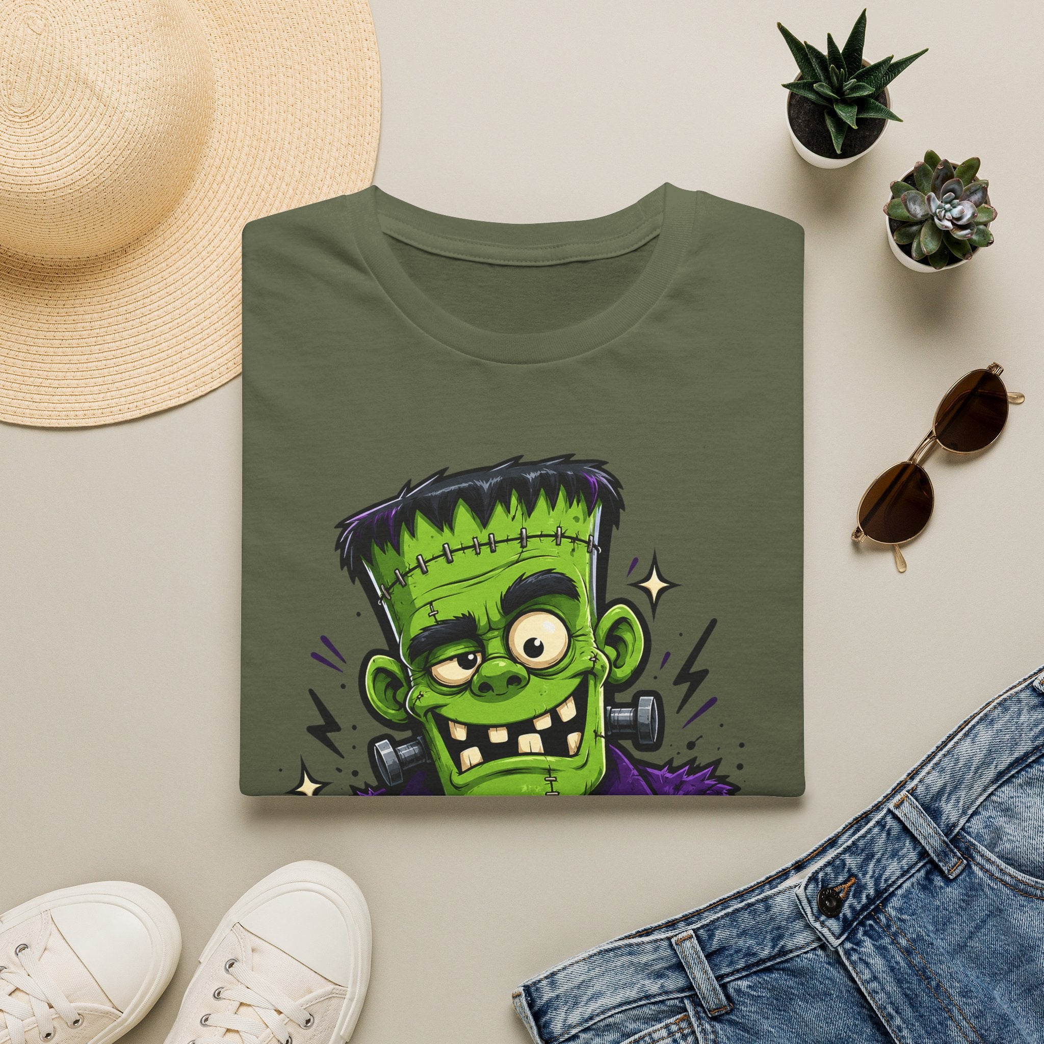Dark green crew-neck T-shirt with green Frankenstein-style monster graphic