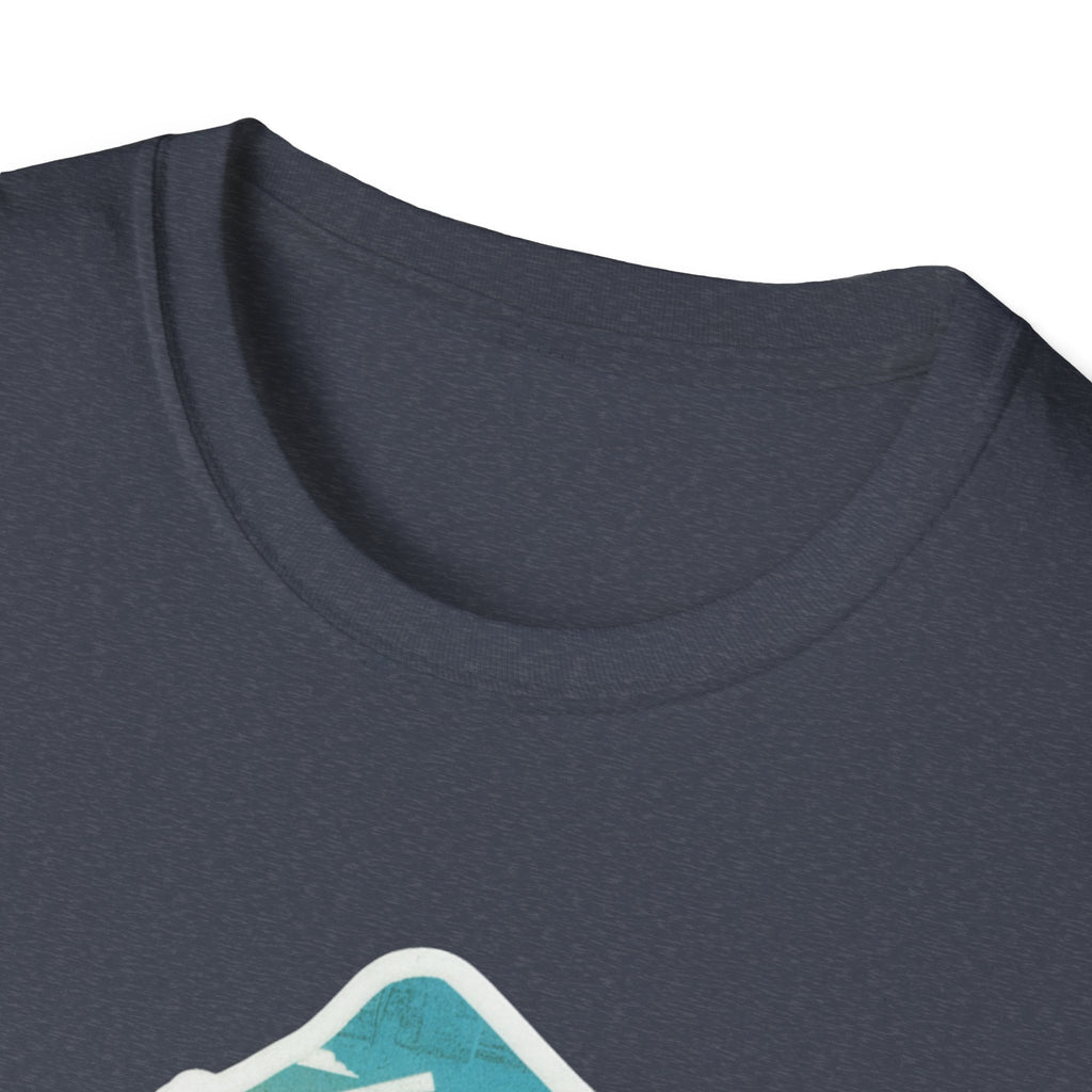Dark heather blue t-shirt neckline with partial teal and white state map skyline graphic