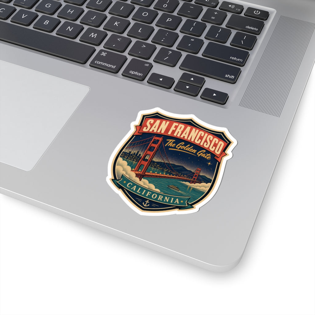 Luggage tag sticker on laptop lid: San Francisco badge with Golden Gate Bridge and California