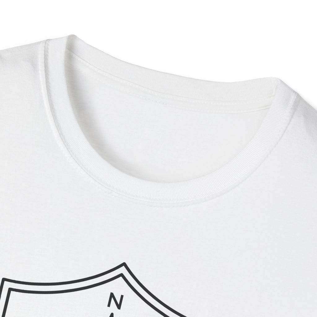 White T-shirt crew neck collar, plain front with compass shield graphic partially visible