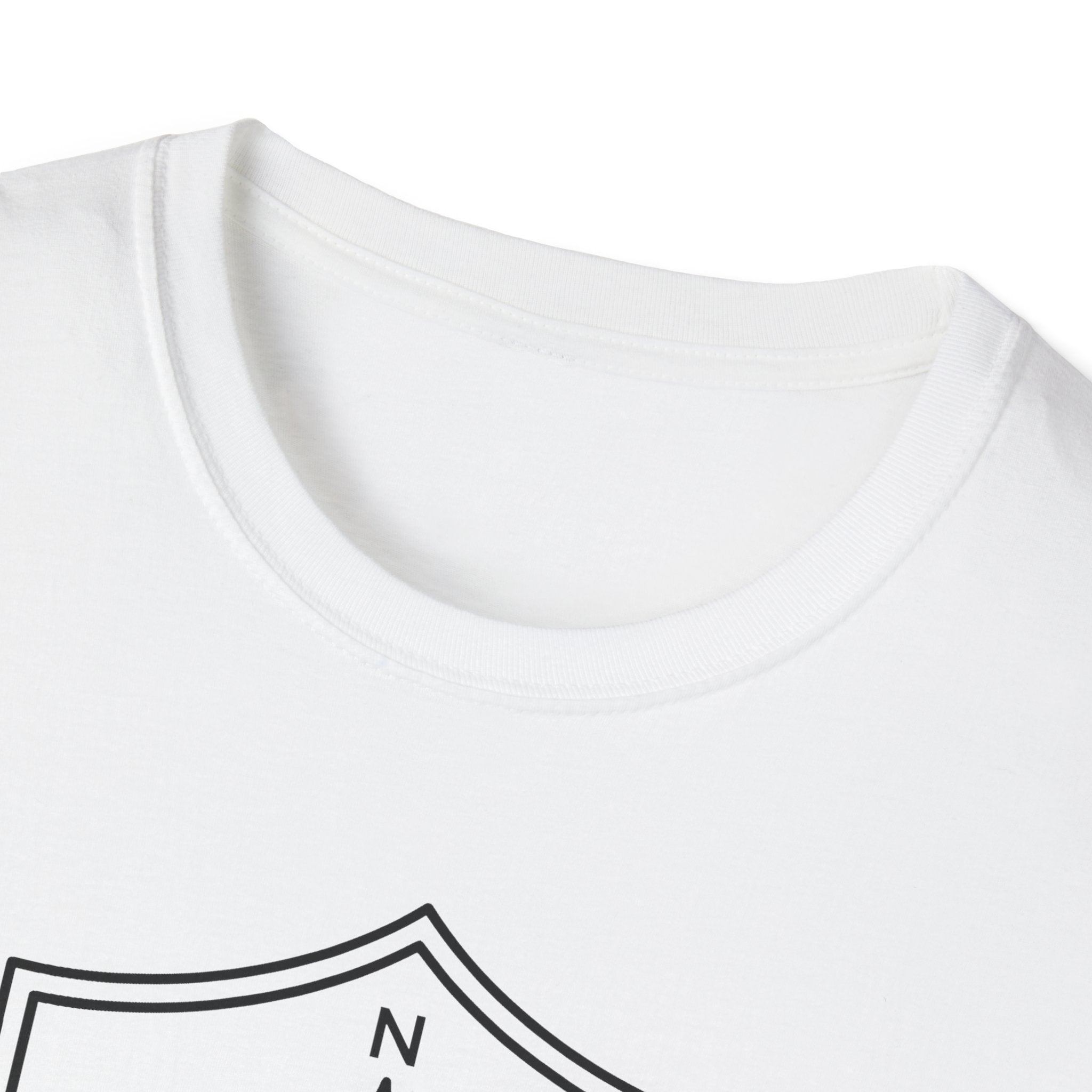 White T-shirt crew neck collar, plain front with compass shield graphic partially visible
